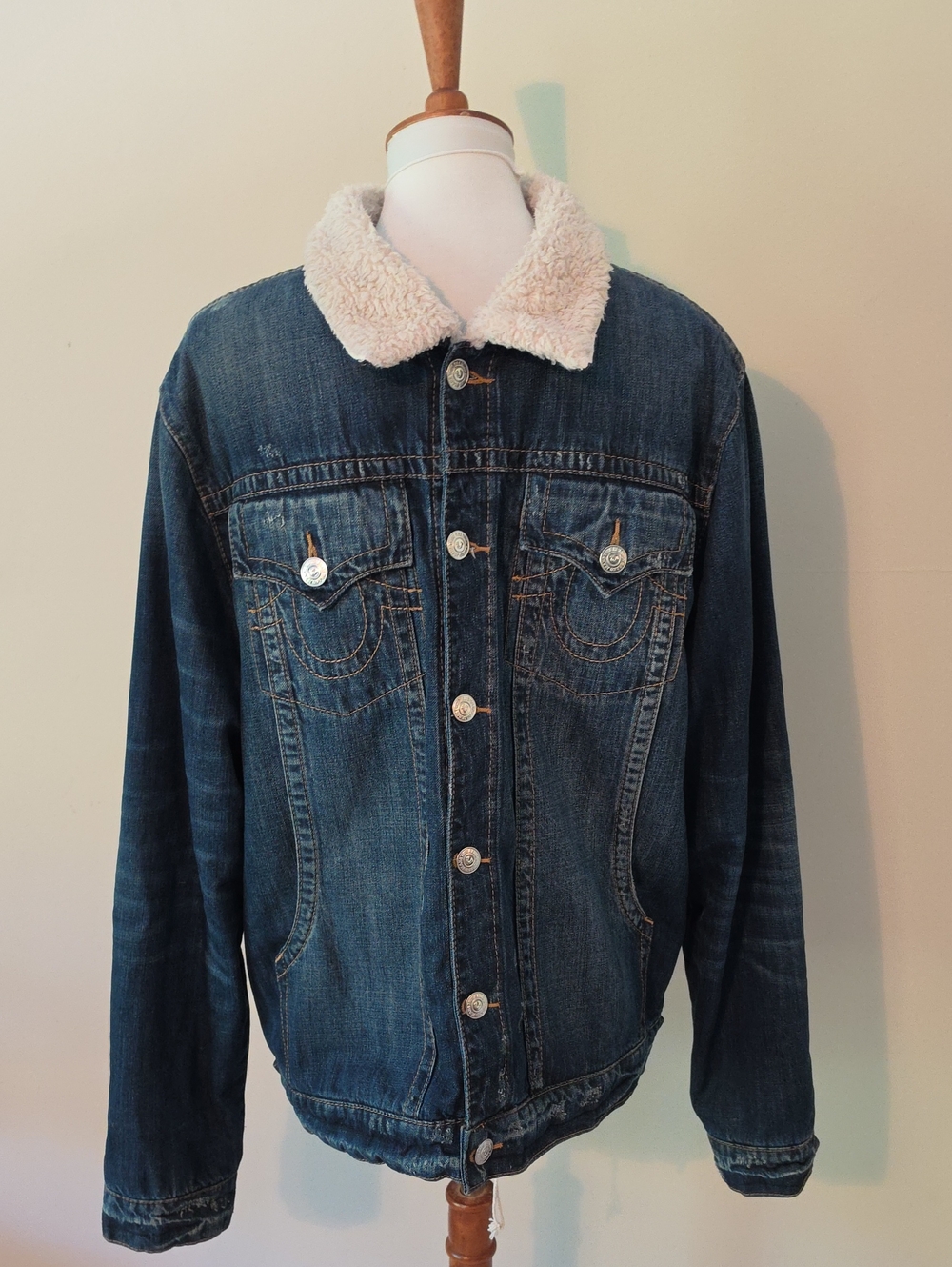 True Religion Trucker Jacket Men's Blue Sherpa-Lined Denim Jacket